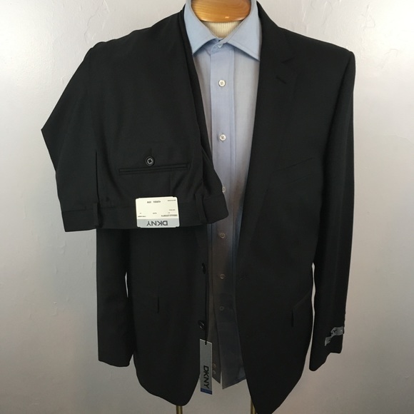 Dkny mens suit black gray stripes 42r 100% wool 2 piece 2 button new nwt ea0051
